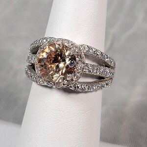 EC Sterling Silver Halo Ring Champagne Stone Split Shank Size 5.5
